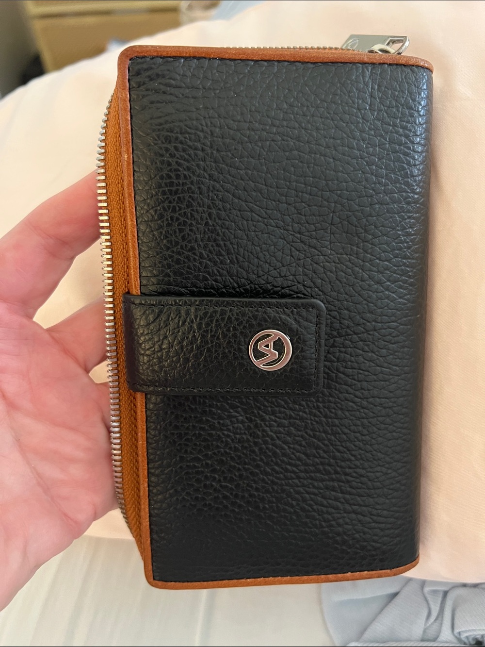 VALENTINA Leather Zip Around Organizer Wallet Black & Cognac